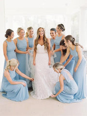 Blue Round Neck Long Mermaid Bridesmaid Dresses, Chiffon Bridesmaid Dresses, Long Bridesmaid Dresses - RongMoon