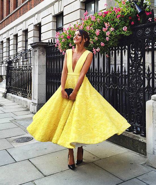 Cute yellow tea Length lace prom dress, lace evening dress - RongMoon