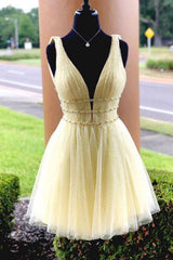 Cute yellow tulle short prom dress, yellow homecoming dress - RongMoon