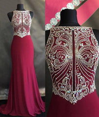 Unique beaded chiffon red long prom dress, evening dress - RongMoon