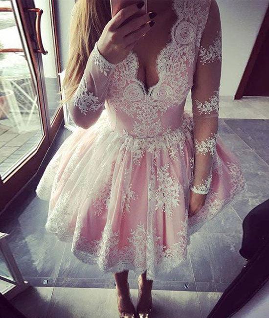 cute pink lace short prom dress, pink lace homecoming dress - RongMoon