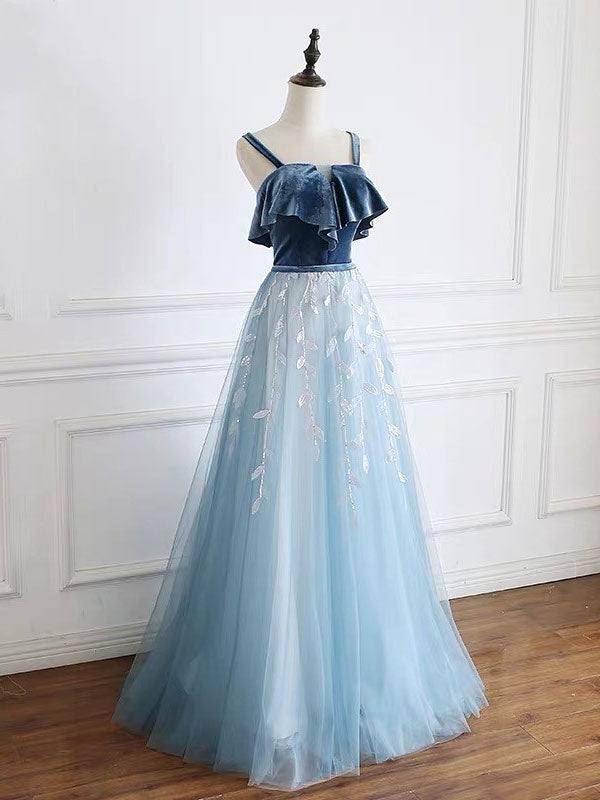 Blue tulle lace long prom dress, blue tulle formal dress - RongMoon