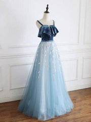 Blue tulle lace long prom dress, blue tulle formal dress - RongMoon