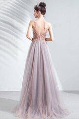 Elegant v neck tulle beads long prom dress tulle formal dress - RongMoon