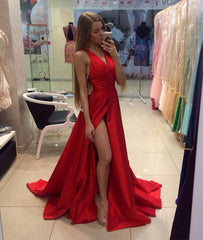 Simple v neck red long prom dress for teens, evening dress - RongMoon