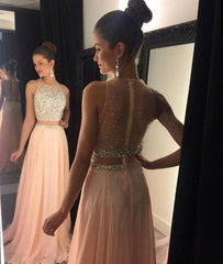 A-line round neck pink chiffon sequin long prom dress, evening dress - RongMoon