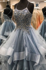 Gray tulle beads long prom dress gray tulle long evening dress - RongMoon
