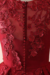 Burgundy round neck lace long prom dress burgundy evening dress - RongMoon