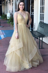 Champagne v neck tulle long prom dress, champagne tulle formal dress - RongMoon