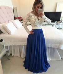 A-line lace long-sleeved chiffon long prom dress, evening dress - RongMoon