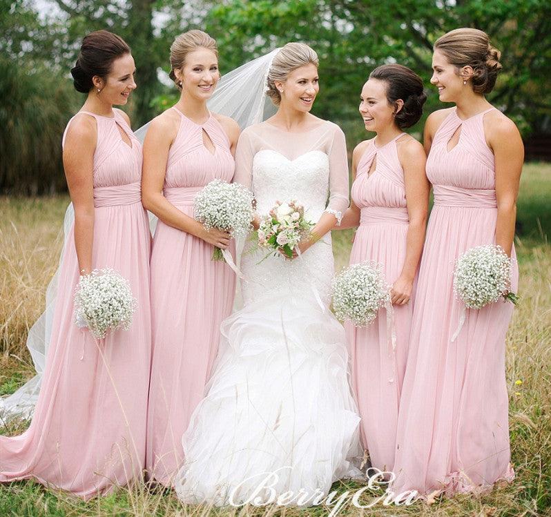 Key Hole A-line Pink Chiffon Long Bridesmaid Dresses - RongMoon