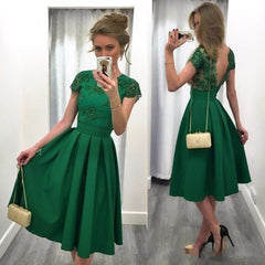 Modest Cap Sleeves Satin Tea Length Bridesmaid Dresses Lace Appliques