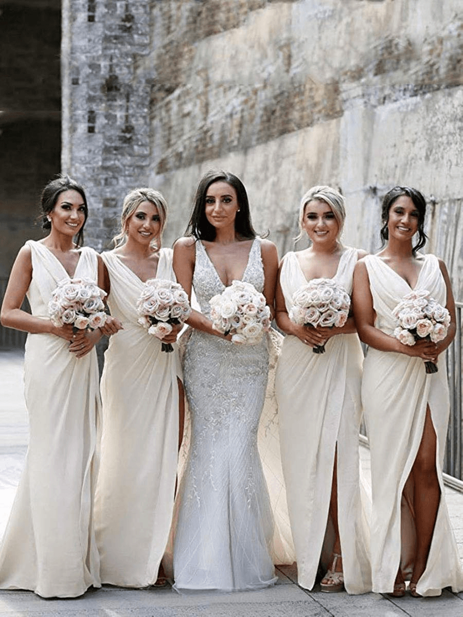 V-neck Sheath Side Slit Chiffon Bridesmaid Dresses, Long Bridesmaid Dresses, Popular Bridesmaid Dresses - RongMoon