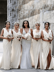 V-neck Sheath Side Slit Chiffon Bridesmaid Dresses, Long Bridesmaid Dresses, Popular Bridesmaid Dresses - RongMoon