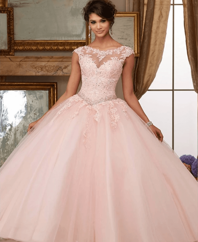 Pink Puffy Cheap Quinceanera Dresses Ball Gown Cap Sleeves Tulle Lace Beaded Crystals Sweet 16 Dresses - RongMoon