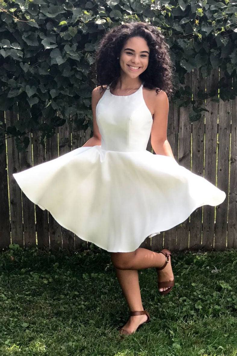 Simple white satin short prom dress white homecoming dress - RongMoon