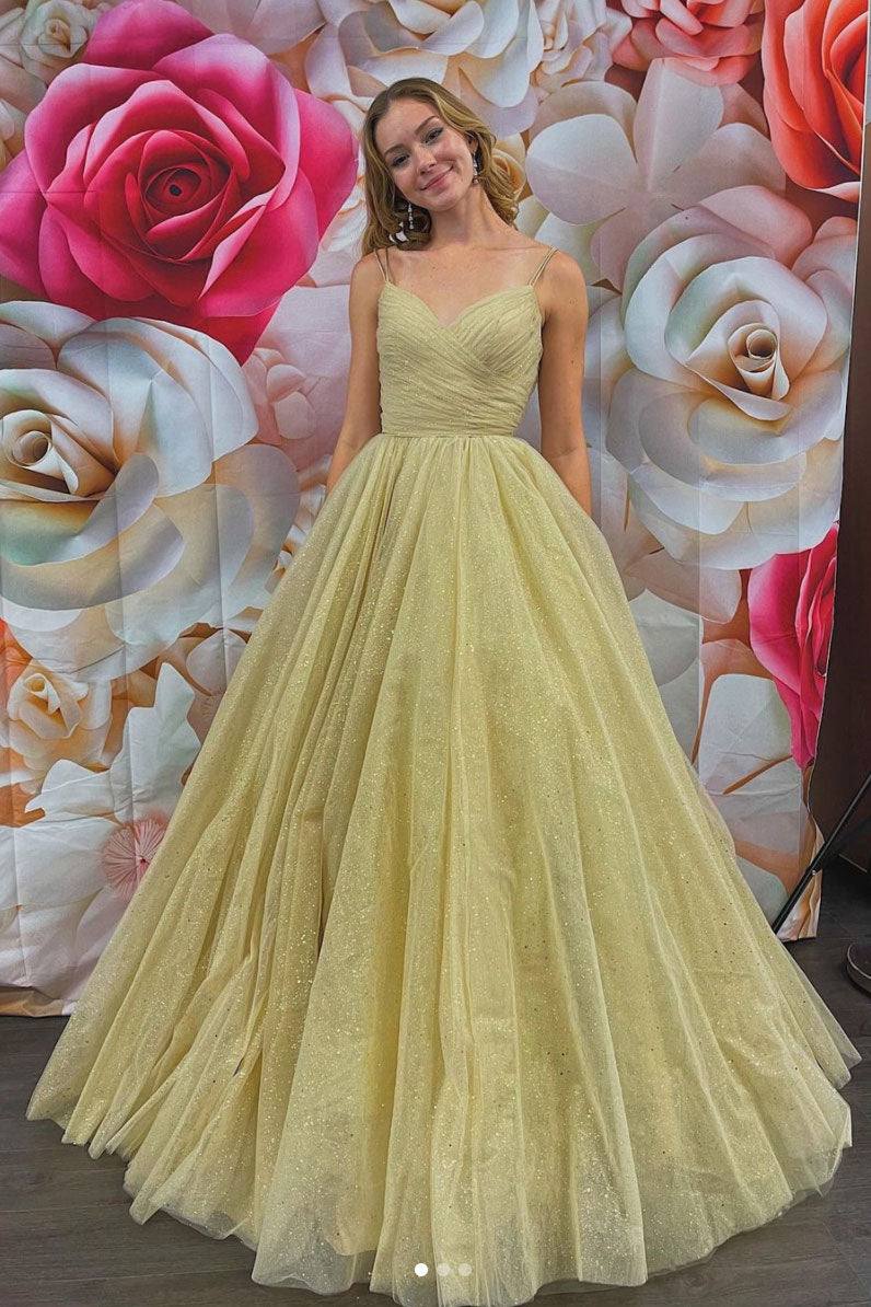 Simple v neck tulle long prom dress champagne evening dress - RongMoon