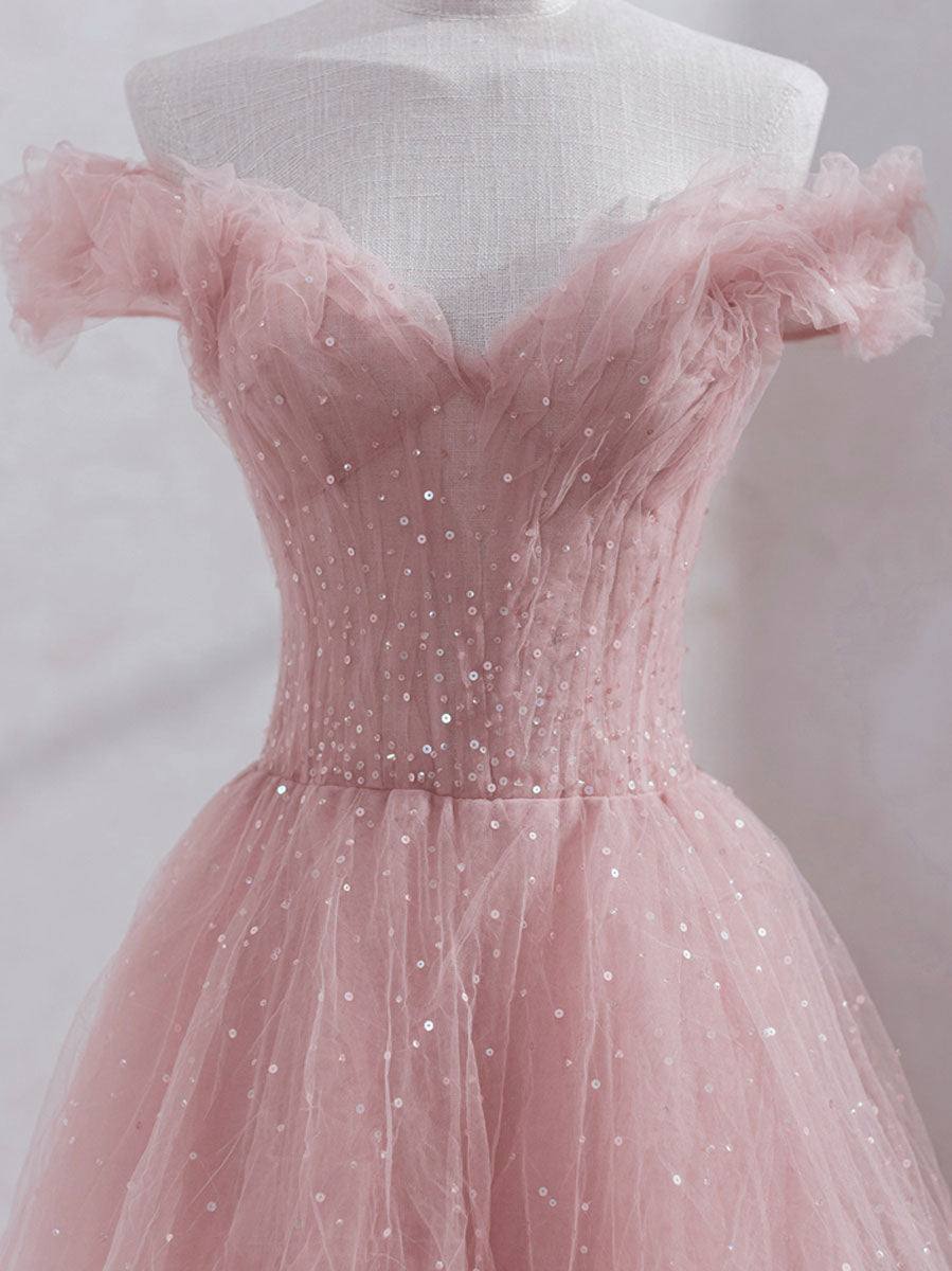 Pink off shoulder tulle sequin long prom dress, pink formal dress - RongMoon
