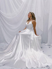White v neck satin long prom dress, white A line evening dress - RongMoon