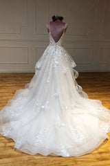 Light champagne tulle lace long prom dress lace long wedding dress - RongMoon