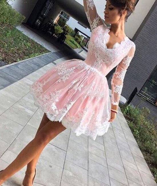 cute pink lace short prom dress, pink lace homecoming dress - RongMoon