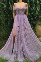 Purple sweetheart off shoulder tulle beads long prom dress - RongMoon