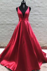 Simple v neck burgundy satin long prom dress  burgundy formal dress - RongMoon