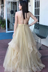 Champagne v neck tulle long prom dress, champagne tulle formal dress - RongMoon