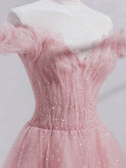 Pink off shoulder tulle sequin long prom dress, pink formal dress - RongMoon