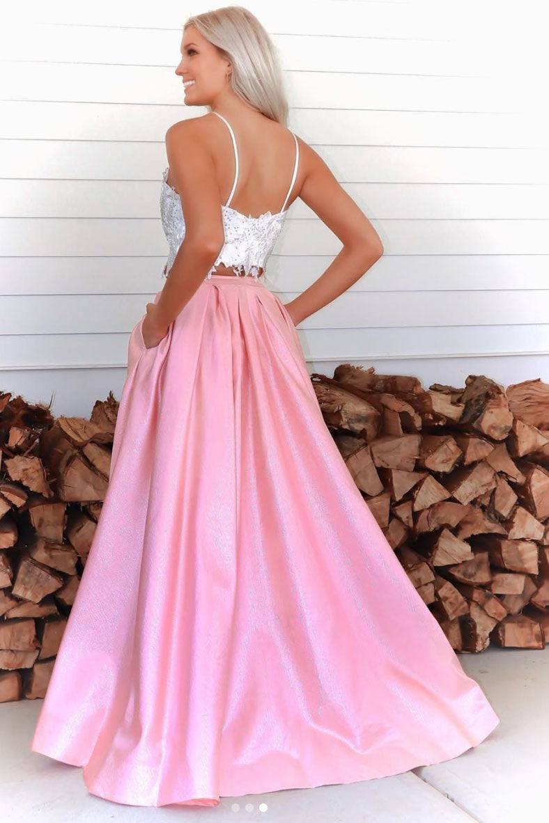 Pink two pieces lace long prom dress, pink lace formal dress - RongMoon