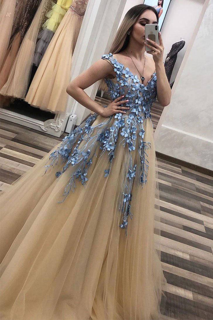 Champagne v neck tulle lace long prom dress champagne evening dress - RongMoon
