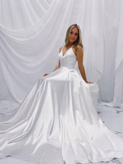 White v neck satin long prom dress, white A line evening dress - RongMoon