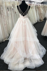 Light champagne tulle lace long prom dress, tulle evening dress - RongMoon