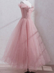 Pink off shoulder tulle sequin long prom dress, pink formal dress - RongMoon