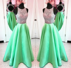 Unique Keyhole Back Long Satin Prom Dresses Ball Gowns Sequins And Beaded