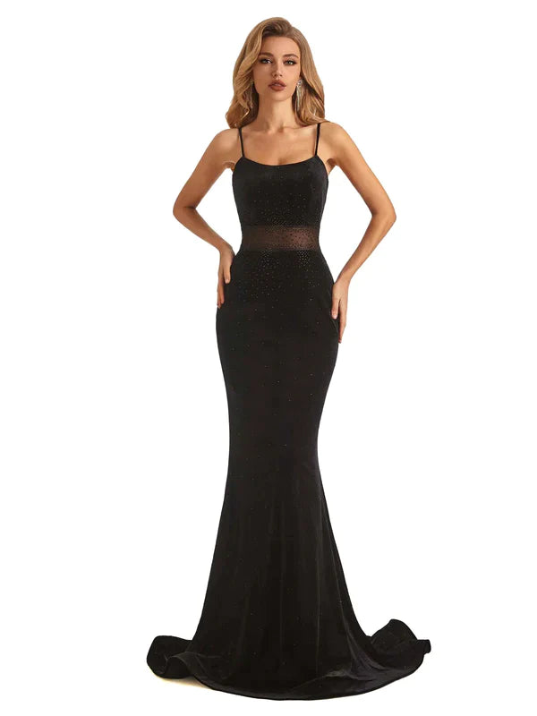 Sexy Black Velvet Mermaid Beading Spaghetti Strap Floor-Length Long Prom Dresses