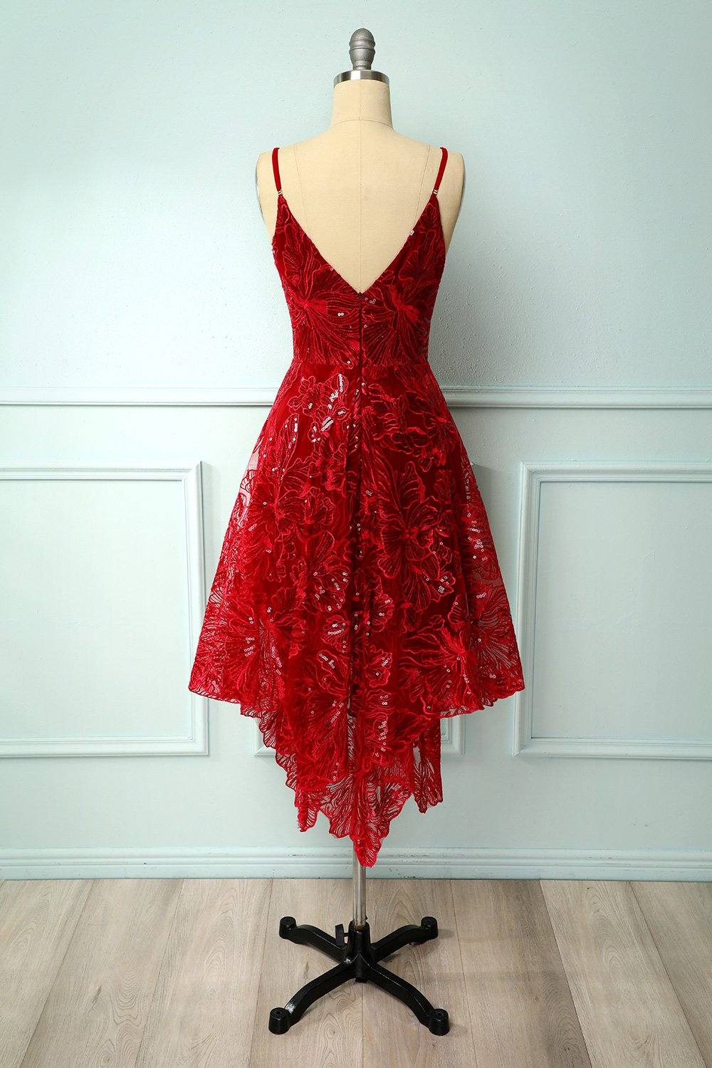 Burgundy v neck lace high low prom dress lace formal dress - RongMoon