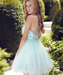Cute round neck tulle beads sequin short prom dress, homecoming dress - RongMoon