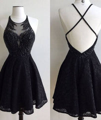 Black lace beaded short prom dress, cute black homecoming dress - RongMoon