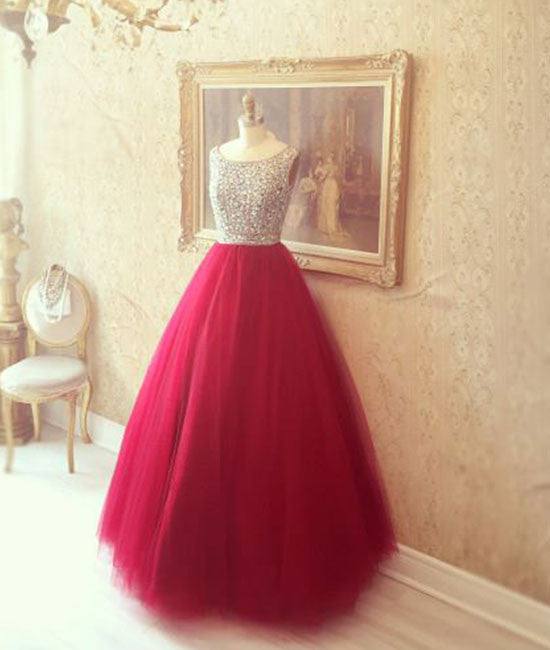 Red round neck tulle rhinestones long prom dress, red evening dress - RongMoon
