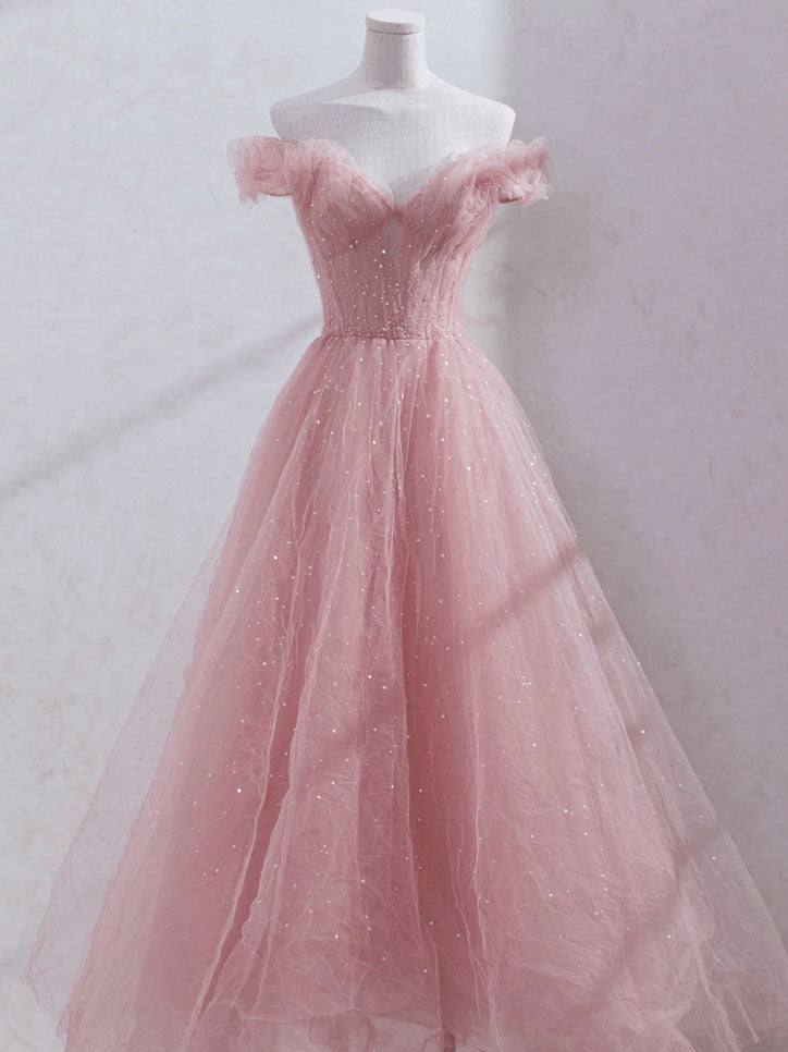 Pink off shoulder tulle sequin long prom dress, pink formal dress - RongMoon
