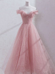 Pink off shoulder tulle sequin long prom dress, pink formal dress - RongMoon
