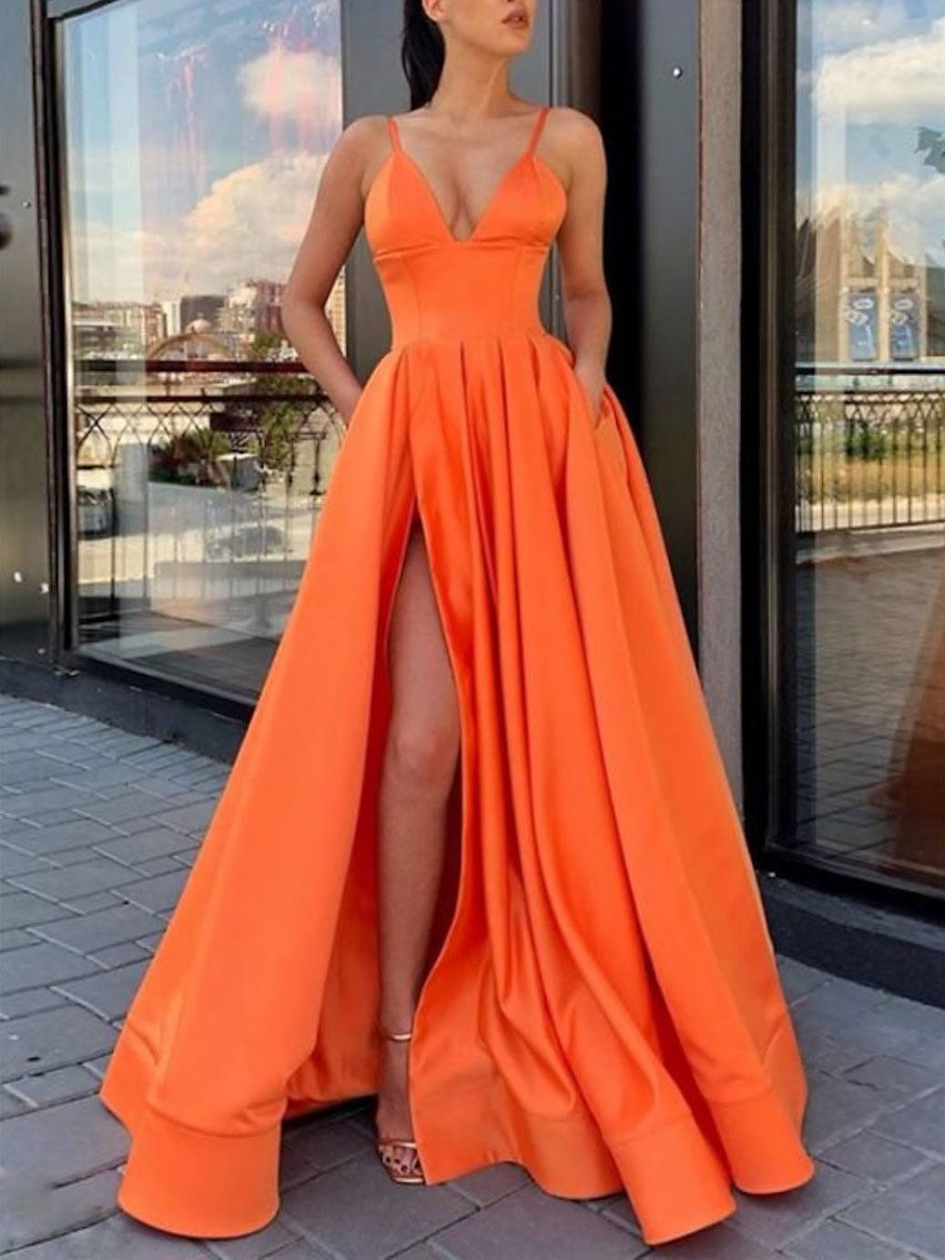 Simple v neck orange satin long prom dress, orange evening dress - RongMoon