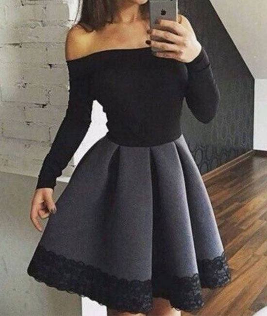 Cute gray short lace prom dress, cute women fashion dress - RongMoon