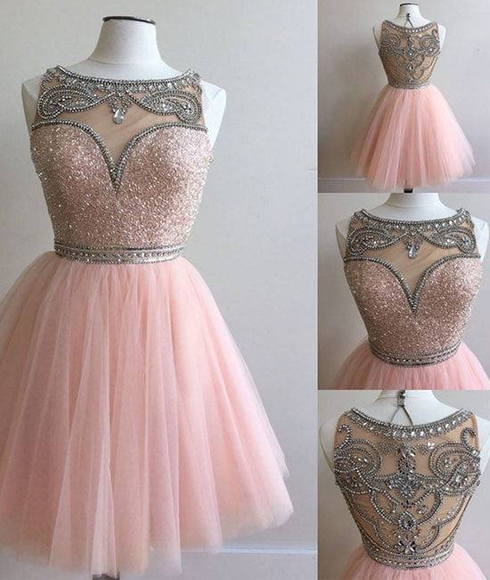 pink tulle short prom dress for teens, pink homecoming dress - RongMoon