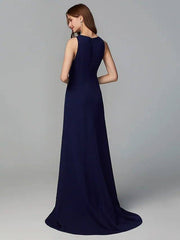 A-Line Jewel Neck Asymmetrical Chiffon Bridesmaid Dress with Ruffles / Split Front - RongMoon