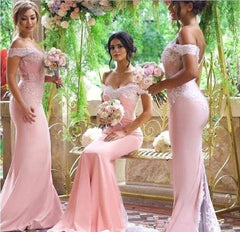 Pink Bridesmaid Dresses For Women Mermaid Off The Shoulder Satin Lace Long Cheap Under 50 Wedding Party Dresses - RongMoon
