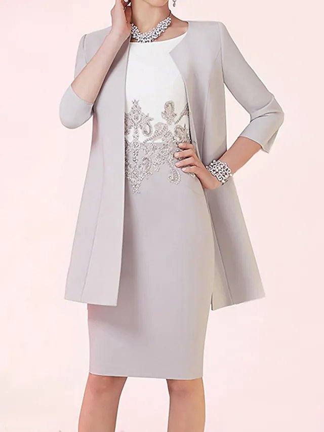 Two Piece Sheath / Column Mother of the Bride Dress Elegant Jewel Neck Knee Length Lace Satin 3/4 Length Sleeve with Beading Color Block - RongMoon