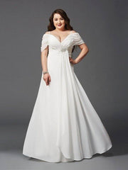 A-Line/Princess Off-the-Shoulder Ruched Short Sleeves Long Chiffon Plus Size Dresses - RongMoon