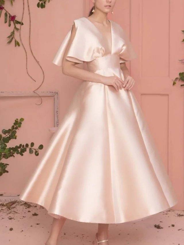 A-Line Mother of the Bride Dress Elegant V Neck Ankle Length Satin Sleeveless with Sash / Ribbon - RongMoon